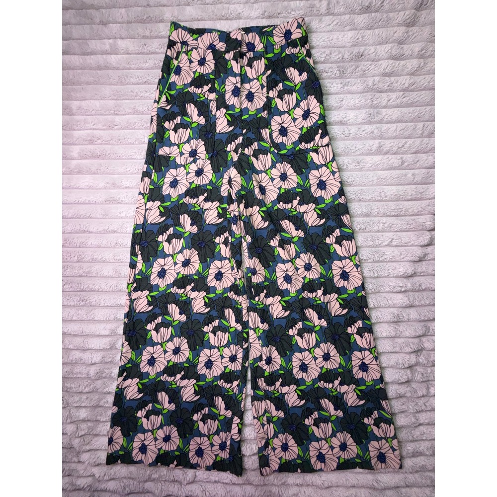 H&M Women's 4 Pink Green Bold Floral Print High Waist Wide Leg Pants Trousers - Picture 4 of 15